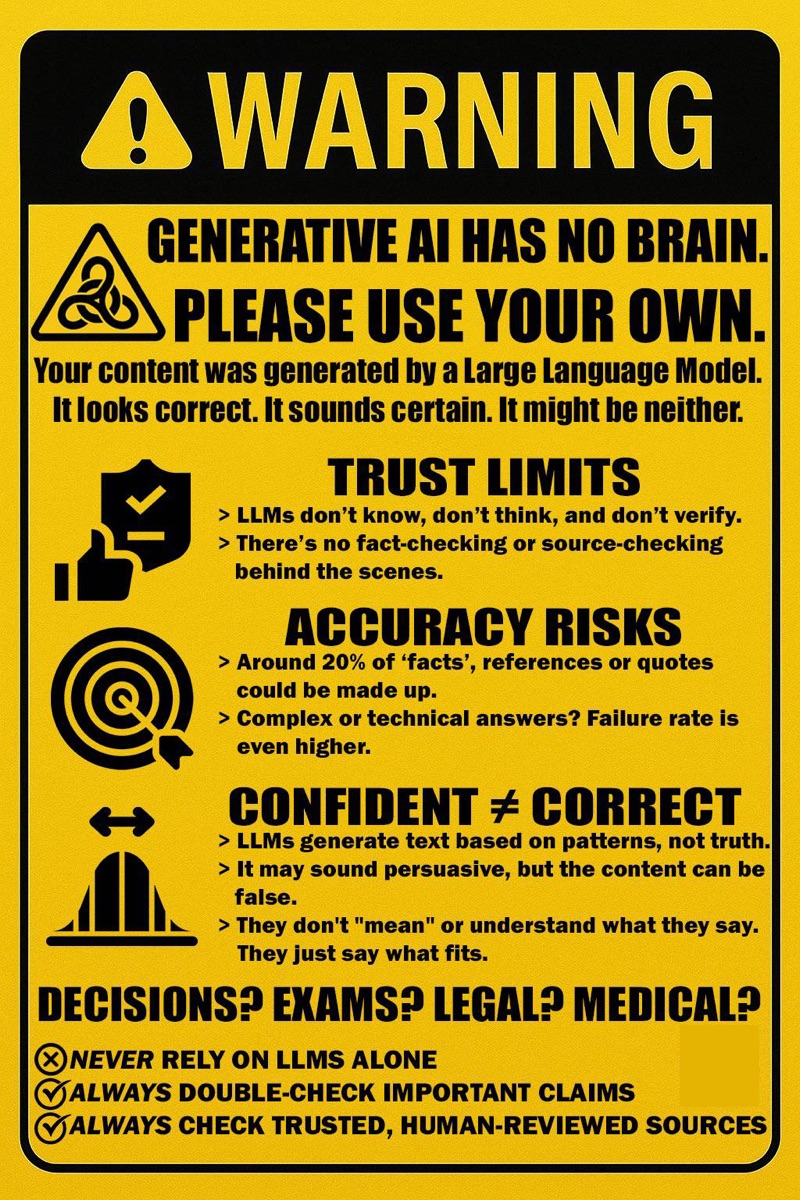Yellow warning sign: Generative AI has no brain. Please use your own.