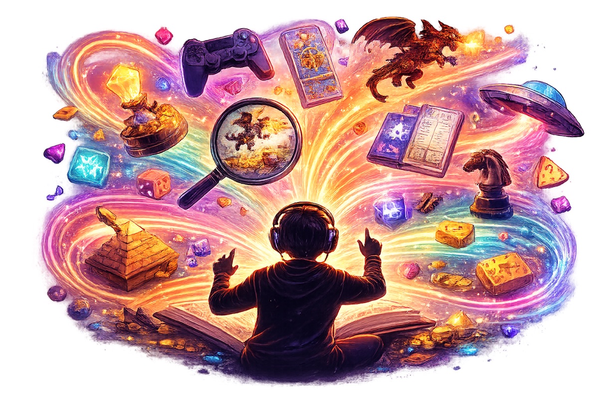 Illustration of a child in headphones surrounded by floating games, books, dice and a dragon